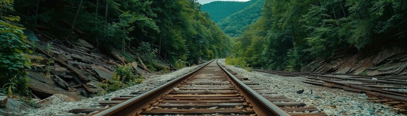 Fototapeta premium A tranquil view of a train track winding through lush greenery, surrounded by mountains under a serene sky.