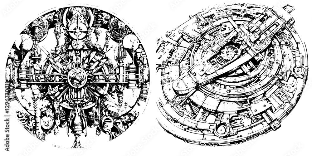 Aufkleber detailed hand-drawn vector illustration of intricate mechanical designs featuring circular patterns 