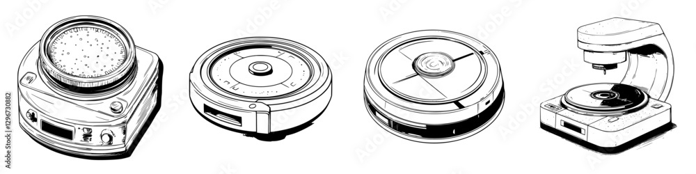 Poster hand drawn vector illustration of various types of turntables and record players on a minimalist bac