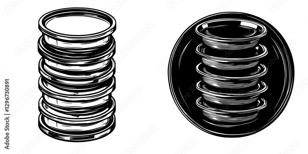 Poster hand-drawn vector illustration of stacked circular objects with a detailed sketch style