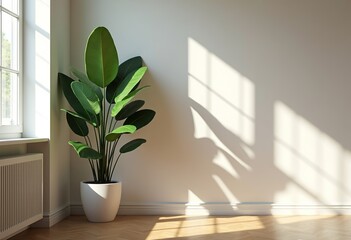 Tranquil Corner Oasis: Discover the Beauty of Natural Light and Shadows in an Empty Room with a Large Plant, Captured from Behind the Flower Pot, Evoking Elegance and Serenity for Your Design Needs.

