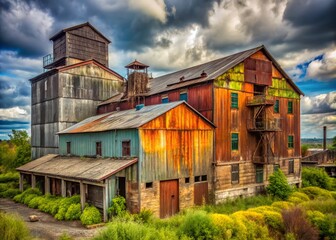 Panoramic View: Rusted Midwest Steel Factory & Aged Wooden Building