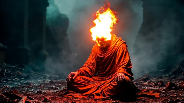 Infernal character on fire. Blazing hell demon. Creepy video clip. Apocalyptic atmosphere.