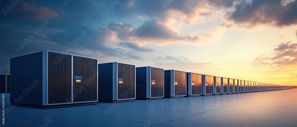 Poster modern data center with row of servers against colorful sunset sky and cloudy horizon in urban envir