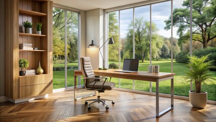 Fototapeta premium A modern home office with a desk and chair in front of a window overlooking a park