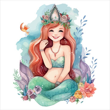 Cute Mermaid Illustration Vector Watercolor Sublimation Clipart