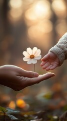A child and adult exchange a delicate flower, symbolizing love and connection in nature.