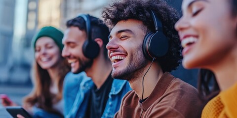 A cheerful scene of a group of friends enjoying music together, sharing headphones connected to a device