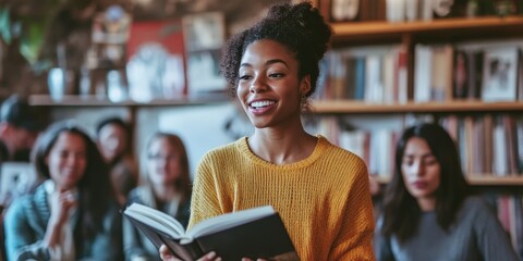 A cheerful scene of a writer sharing excerpts from their novel during a local book reading event