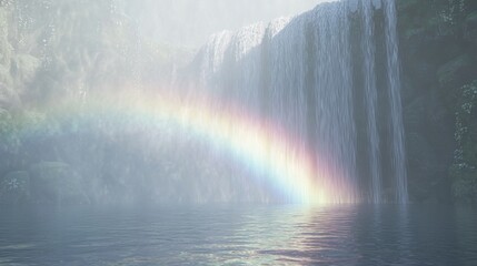 Fototapeta premium Majestic Waterfall with a Radiant Rainbow Over a Serene Lake in a Dreamy Misty Landscape