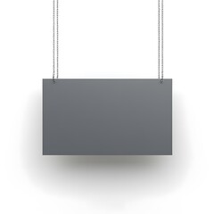 A gray rectangular sign hanging from two metal chains