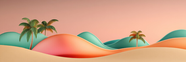 Colorful Abstract Landscape With Rolling Hills and Palm Trees During a Pastel Sunset