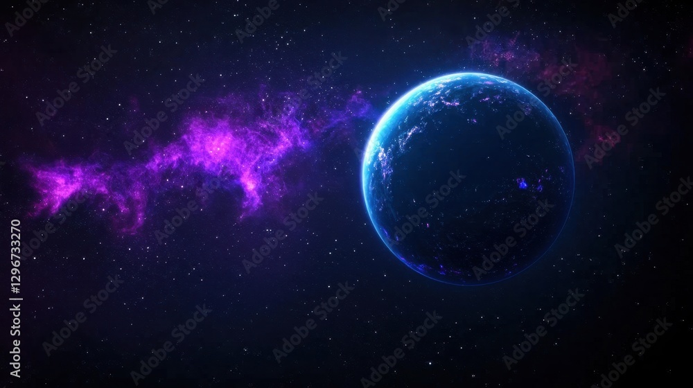 Poster stunning cosmic scene with colorful planet surrounded by nebula and stars in a dark universe setting