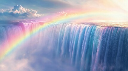 Fototapeta premium Majestic Waterfall Cascading with Vibrant Rainbow Under Bright Sky and Soft Clouds in Serene Natural Landscape