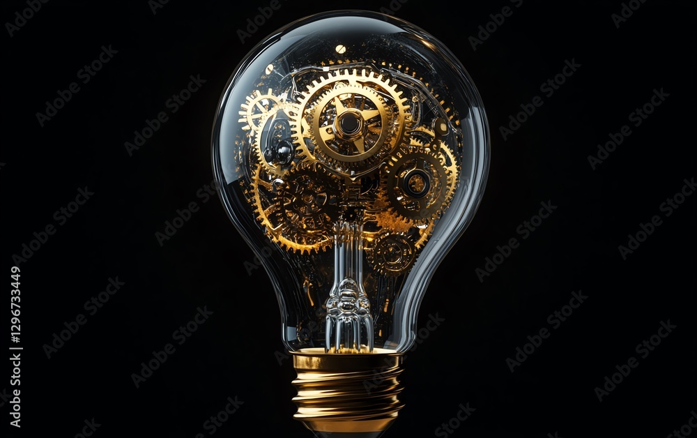 Poster creative solution concept with a light bulb containing golden gears, representing problemsolving, in