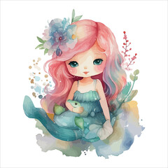 Cute Mermaid Illustration Vector Watercolor Sublimation Clipart
