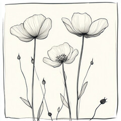 Delicate line art of flowers with intricate details and soft petals, showcasing minimalist design that evokes sense of calm and beauty