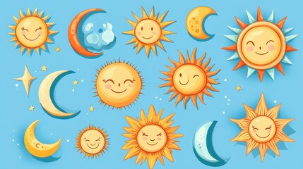 Celestial Charms: Smiling suns and crescent moons dance across a whimsical, azure backdrop, radiating warmth, joy, and dreamlike wonder.