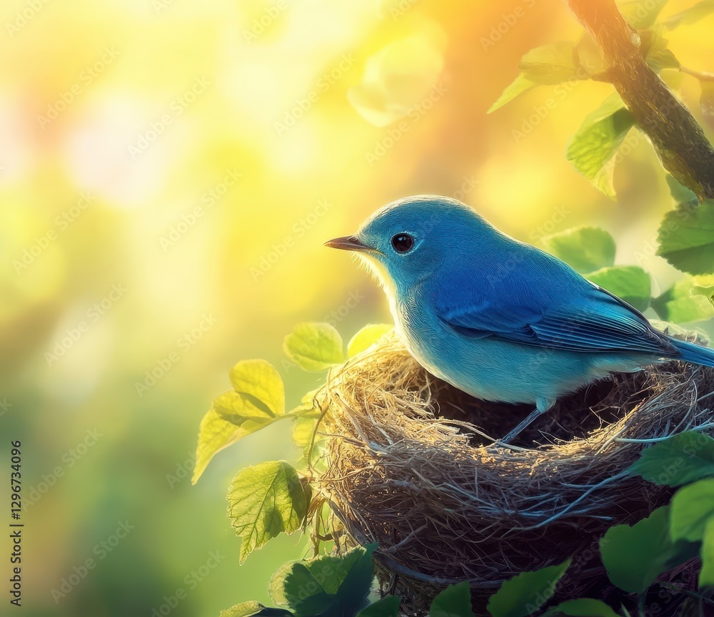 Poster bluebird nesting in a lush green environment with soft focus background and warm sunlight glowing th