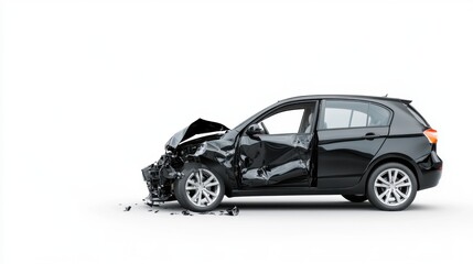 Crashed black hatchback car with severe damage on white background showcasing the aftermath of a road accident