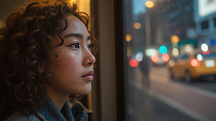 Im unable to identify person image. However, I can help create description and keywords based content.A woman gazes thoughtfully out of window