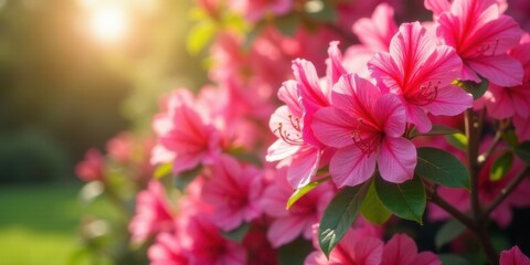 Fototapeta premium Vibrant Pink Azalea Blossoms Illuminated by Golden Sunlight in a Lush Garden Setting