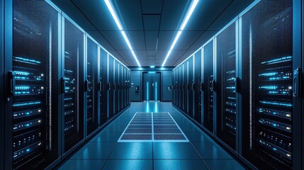 A modern data center with black server racks, glowing blue lights, and a secured entrance, creating a high tech and futuristic environment. Ideal for technology, cloud computing, cybersecurity themes