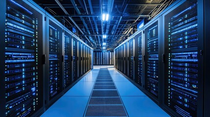 Obraz premium A modern data center with rows of black server racks, glowing blue LED lights, and advanced cooling systems. Ideal for technology, cloud computing, and cybersecurity themes