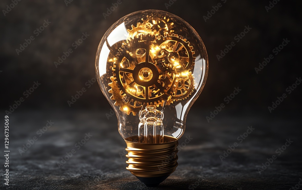 Poster light bulb with golden gears, representing creative solutions and problemsolving in an innovative te