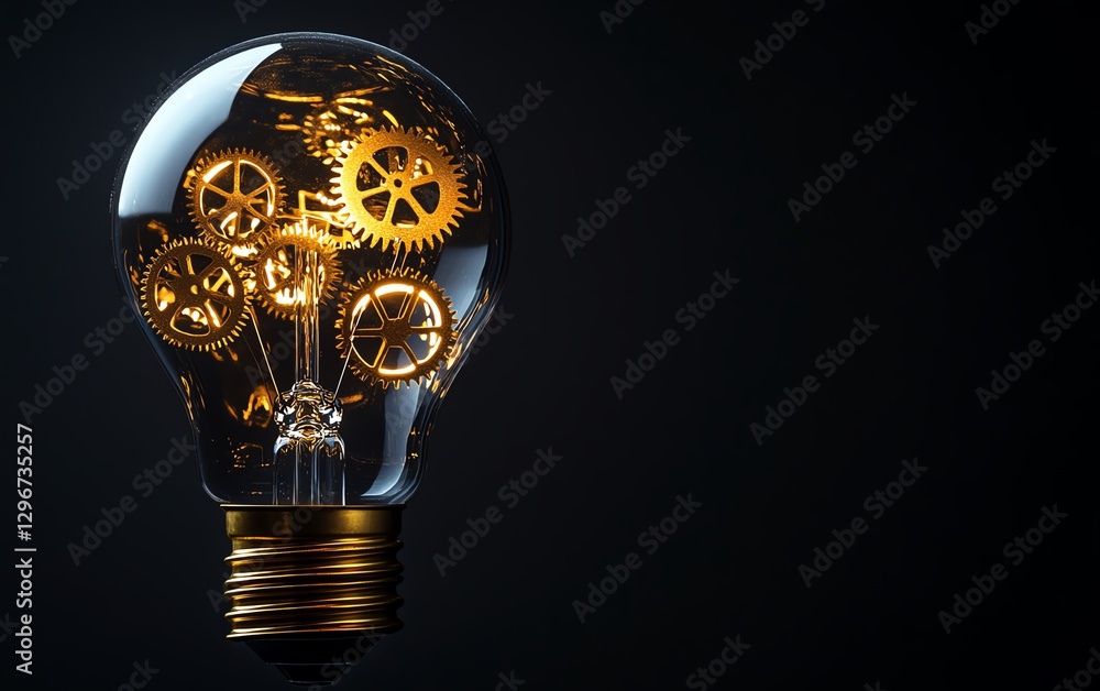 Poster light bulb with golden gears, representing creative solutions and problemsolving in an innovative te