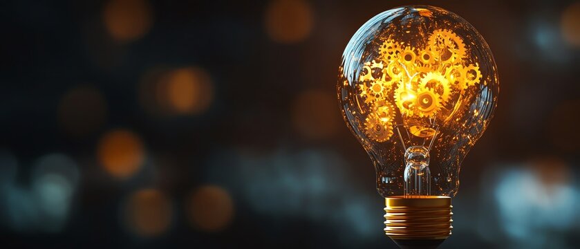 Light bulb with golden gears, symbolizing an innovative tech concept for idea generation, creative problemsolving, and industrial design with electric components