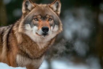 Obraz premium Majestic wolf gazes intently amidst snowy landscape, showcasing