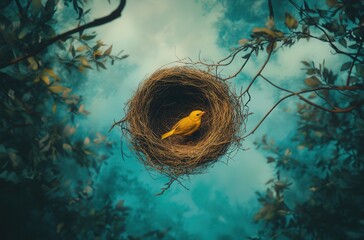 Bright yellow bird resting peacefully in a lush green nest surrounded by branches and a soft blue sky in a serene natural environment