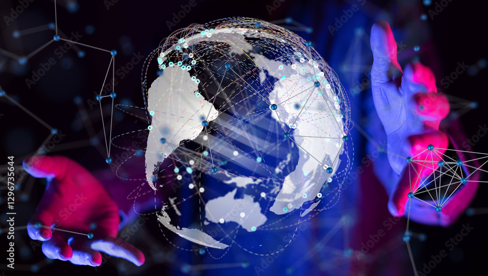 Aufkleber world Global network. Blockchain. 3D illustration. Neural networks and artificial intelligence. Abstract