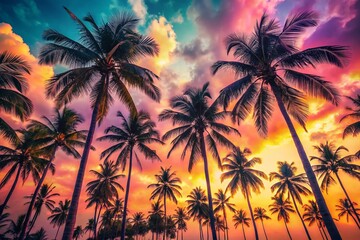 Pastel Tropical Summer Vacation: Palm Trees Silhouette Against Soft Sky