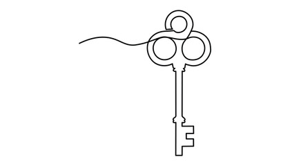 One continuous single drawing line art flat doodle key, clue, clef, lock. continuous line drawing of key vector illustration one line style, Security concept continuous line art