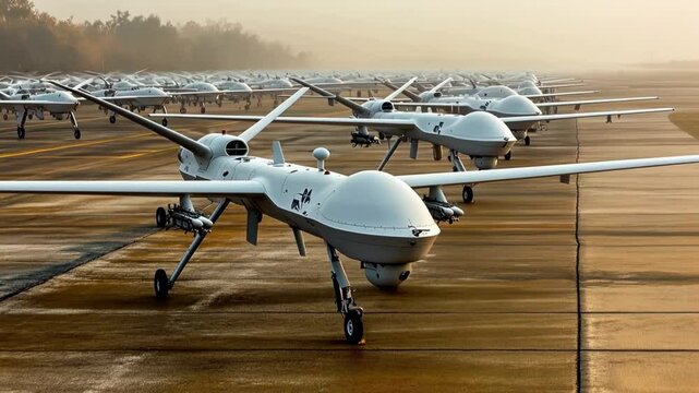 Reaper predator drone with missile in airfield hangar air force war