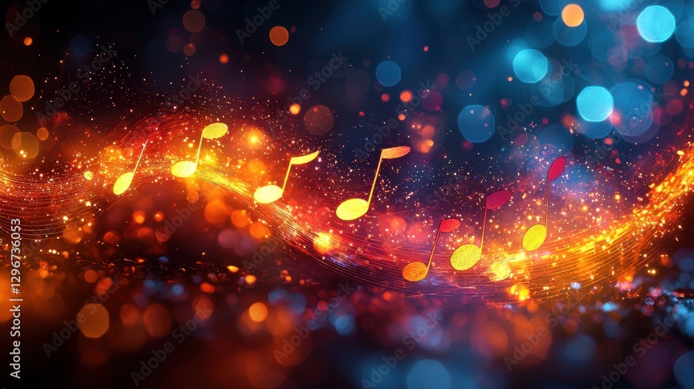 Poster glowing musical notes floating on a sparkling abstract wave