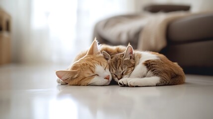 Two cats sleep home floor