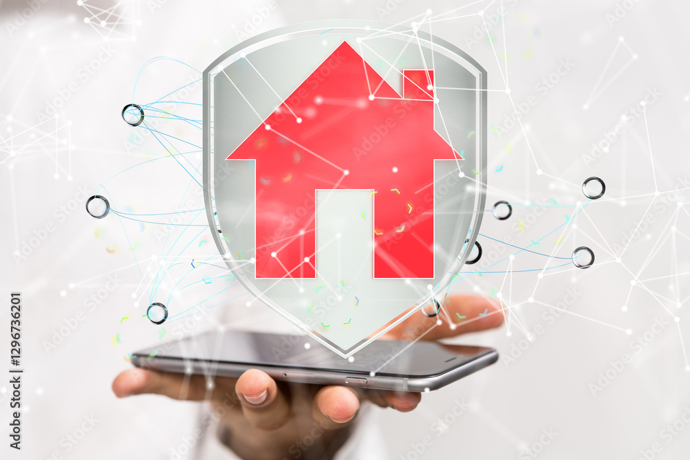 Poster home iot - Neural network 3D illustration. Big data and cybersecurity