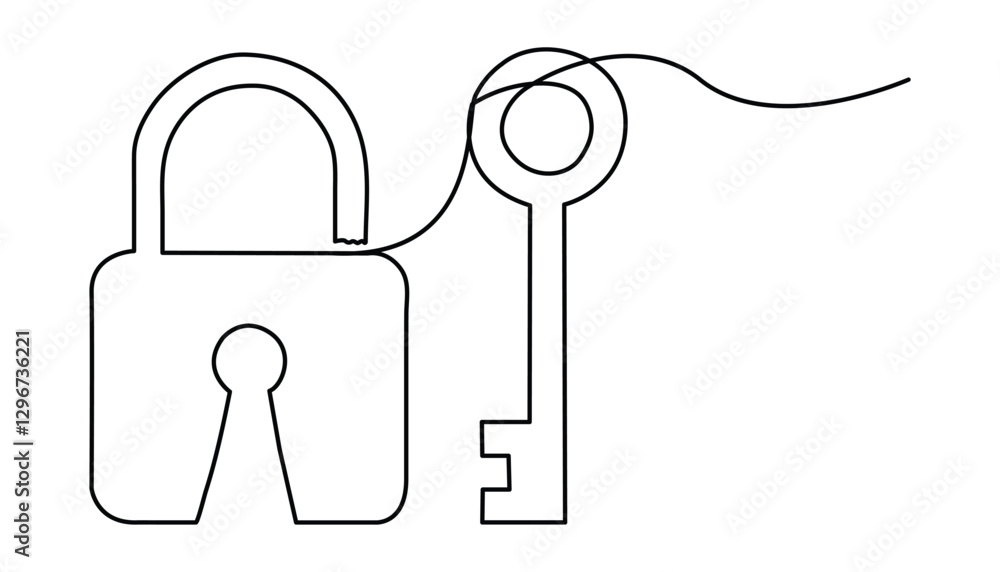 Poster padlock continuous one line drawing illustration. lock continuous one line drawing of isolated outli