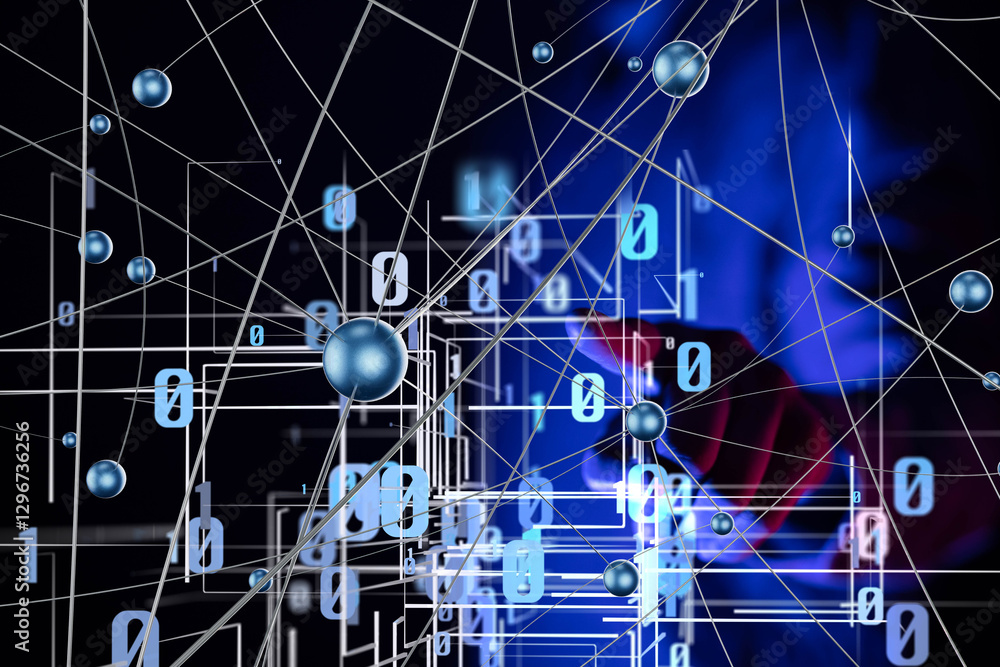 Poster Global network. Blockchain. 3D illustration. Neural networks and artificial intelligence. Abstract
