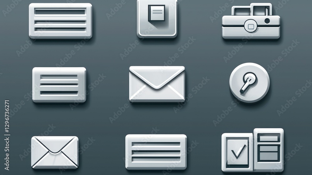Poster a detailed set of corporate business icons with clean lines and subtle textures.