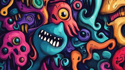 Obraz premium Grotesque monsters mingle in a surreal, colorful, and chaotic abstract illustration
