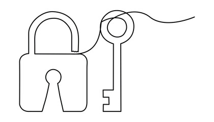 Padlock continuous one line drawing illustration. Lock continuous one line drawing of Isolated outline vector design