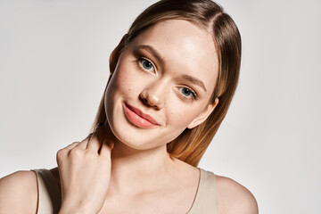 Chic young woman exuding elegance with a charming smile in spring attire