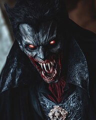 A close-up of a spooky vampire costume with realistic fangs and a dramatic cape