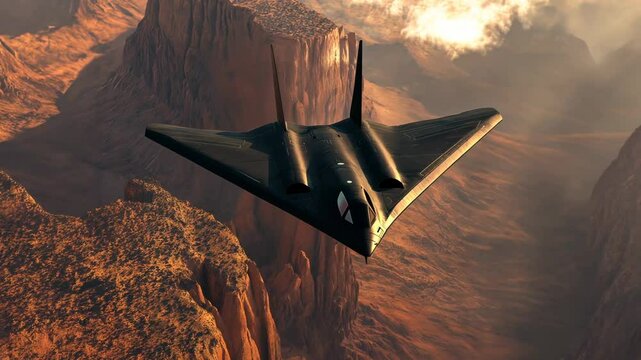 US Stealth bomber flying over mountain military aircraft missile bomb