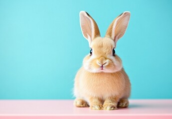 Fototapeta premium Cute fluffy rabbit sitting on pink table against teal background