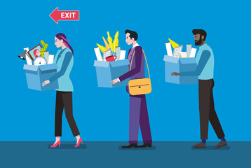Employees leaving office carrying boxes toward exit sign